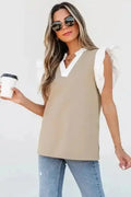 Ruffled Textured Knit Colour Block V-Neck Top Women UK