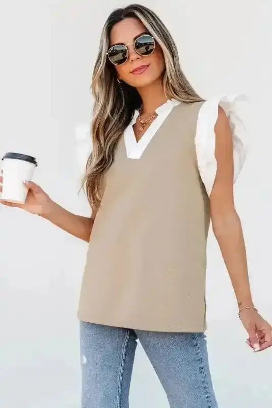 Ruffled Textured Knit Colour Block V-Neck Top Women UK