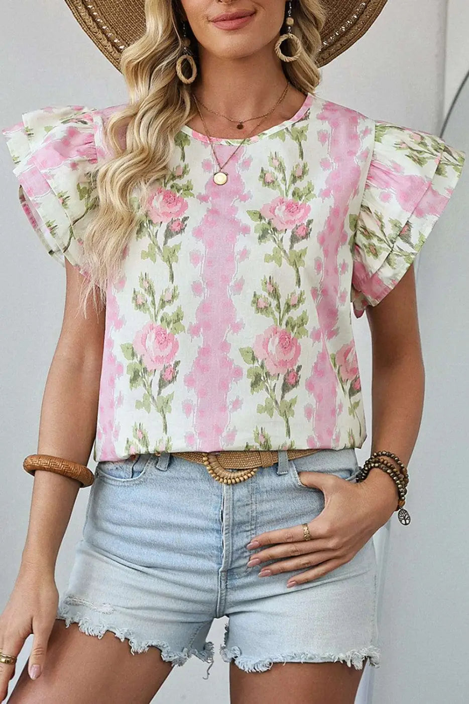 Pink Floral Ruffled Sleeve Summer Top Women UK