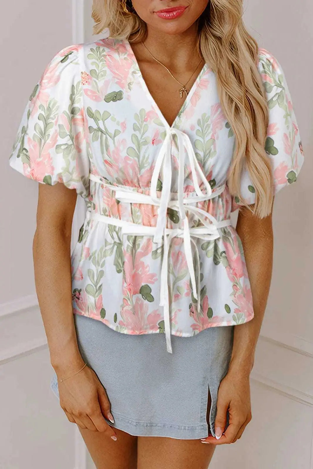 Floral Puff Sleeve Peplum Blouse Women UK | Wedding Guest