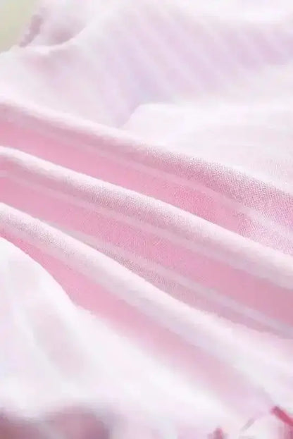Pink Striped Puff Sleeve Ruffle Blouse Women UK | Spring