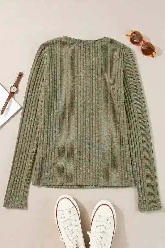 Green Solid Ribbed Sleek Fit Blouse Women UK | Casual
