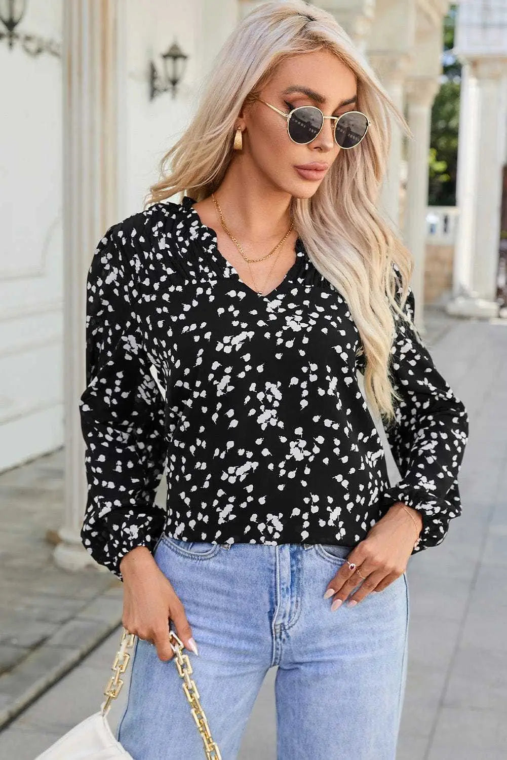 Floral Abstract Split Neck Crinkle Fabric Blouse Women UK