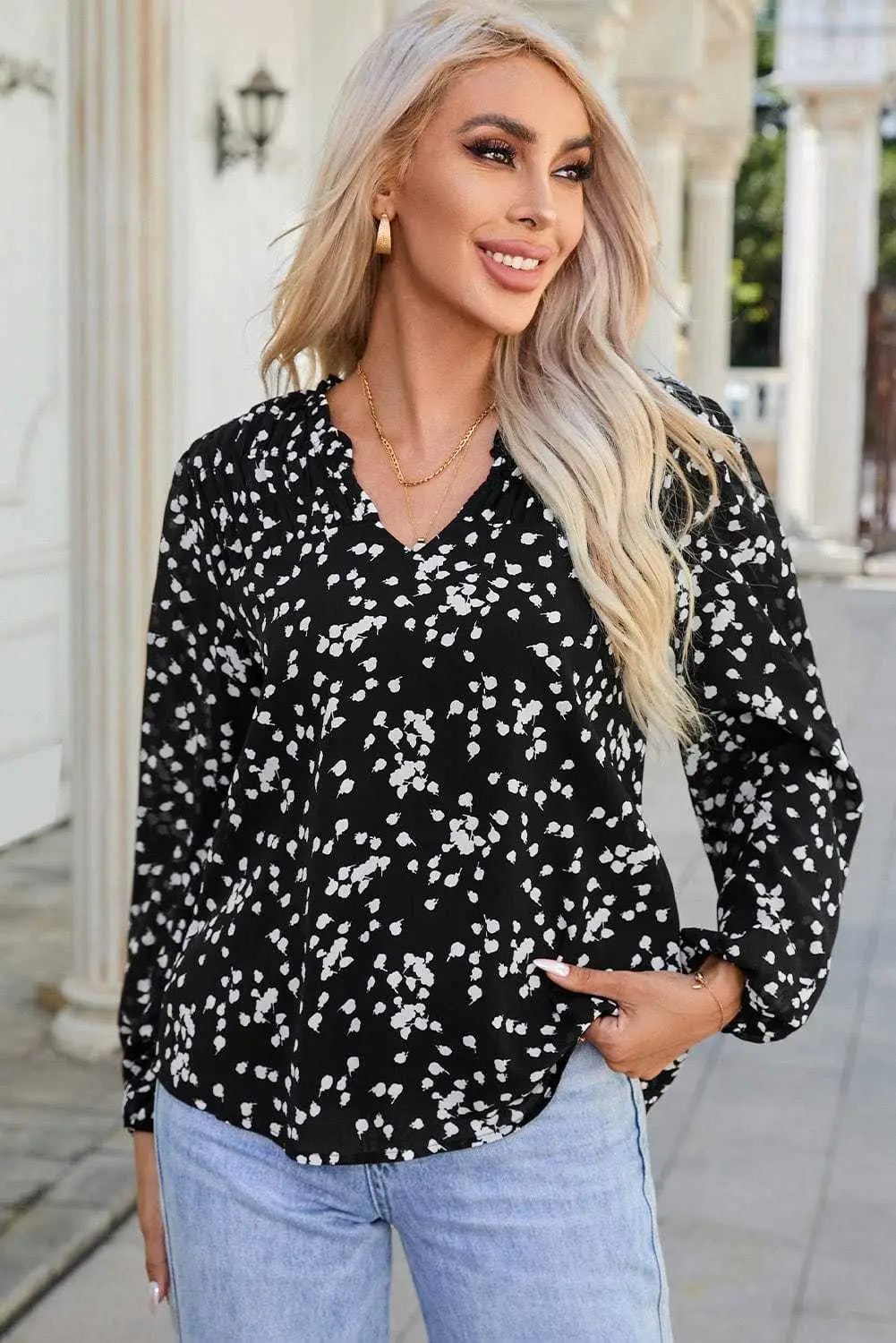 Floral Abstract Split Neck Crinkle Fabric Blouse Women UK