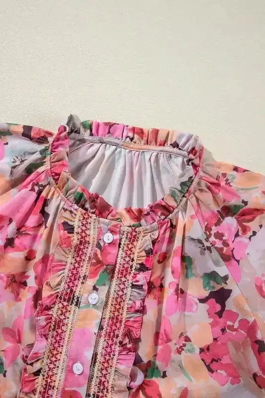 Pink Floral Ruffle Accent Flowy Blouse Women UK | Spring