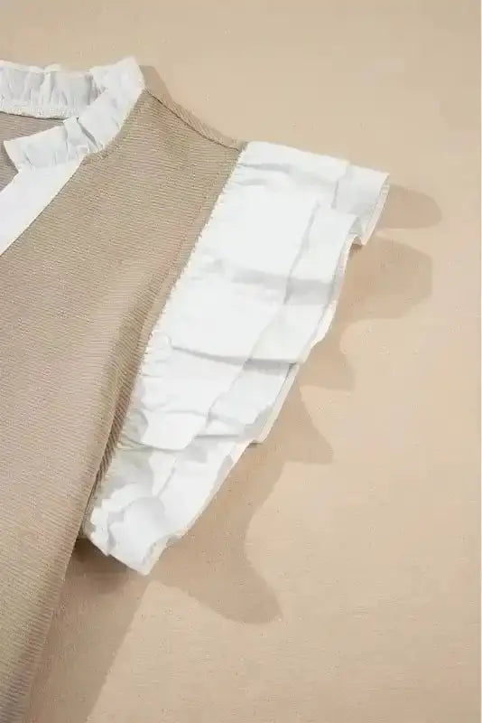 Ruffled Textured Knit Colour Block V-Neck Top Women UK