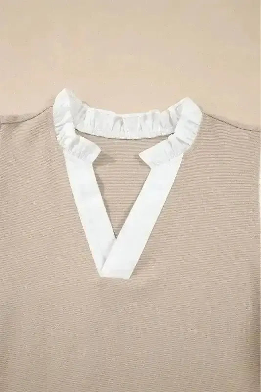 Ruffled Textured Knit Colour Block V-Neck Top Women UK