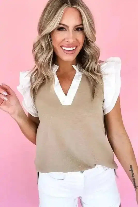 Ruffled Textured Knit Colour Block V-Neck Top Women UK