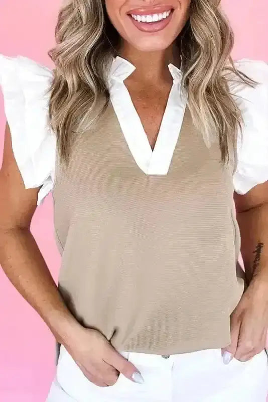 Ruffled Textured Knit Colour Block V-Neck Top Women UK
