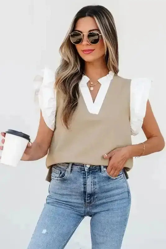 Ruffled Textured Knit Colour Block V-Neck Top Women UK