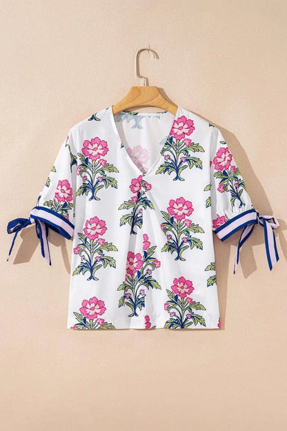 White Floral Bubble Sleeve V-Neck Summer Blouse Women UK