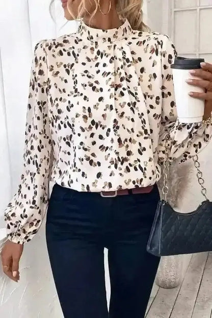 Leopard Print Mock Neck Puff Sleeve Pleated Blouse Women UK