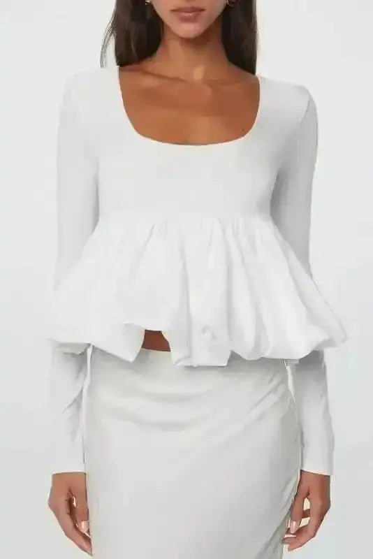 Bubble Hem U-Neck Long Sleeve Crop Top Women UK | Elegant