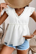 Pink Solid Ruffle Trim Flowy Top Women UK | Vacation