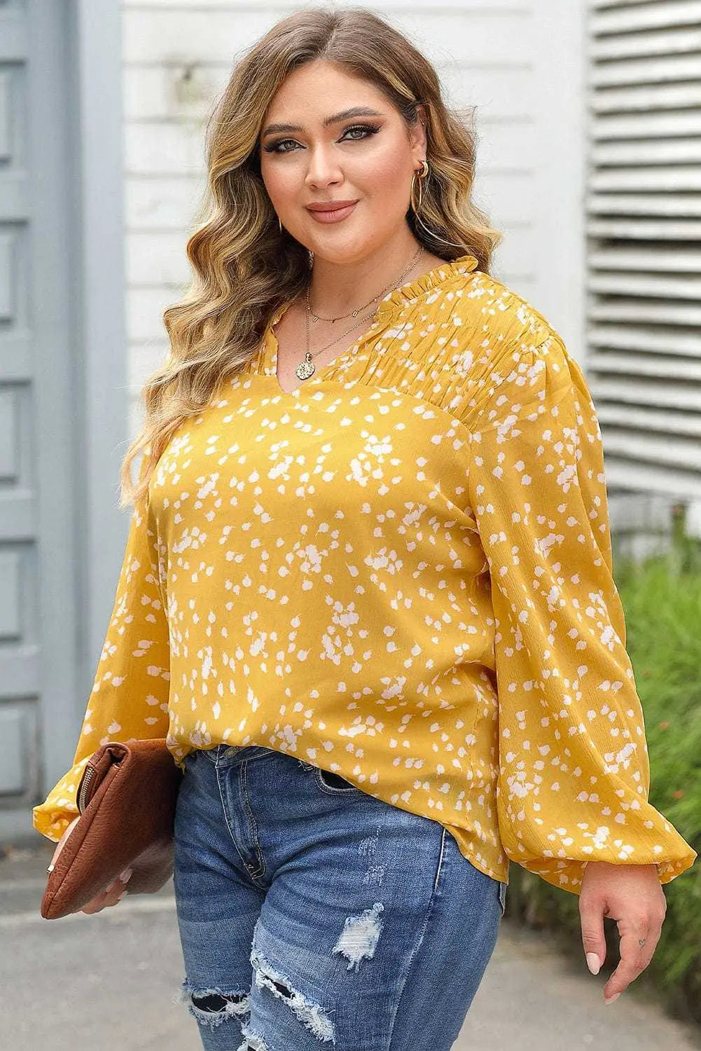 Floral Abstract Split Neck Crinkle Fabric Blouse Women UK