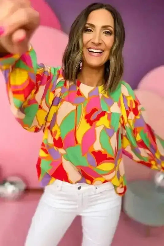 Yellow Abstract Puff Sleeve Blouse Women UK | Spring