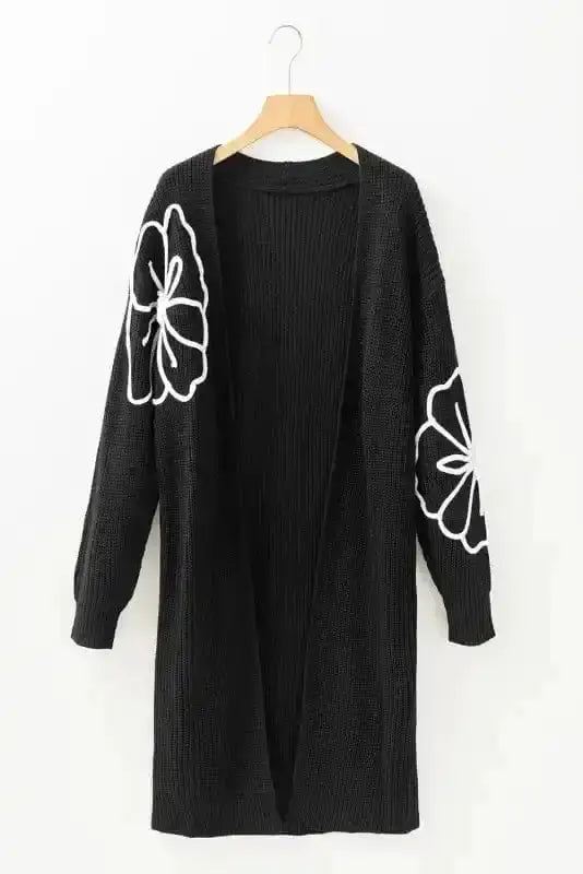 Black Flower Embroidered Duster Cardigan Women UK