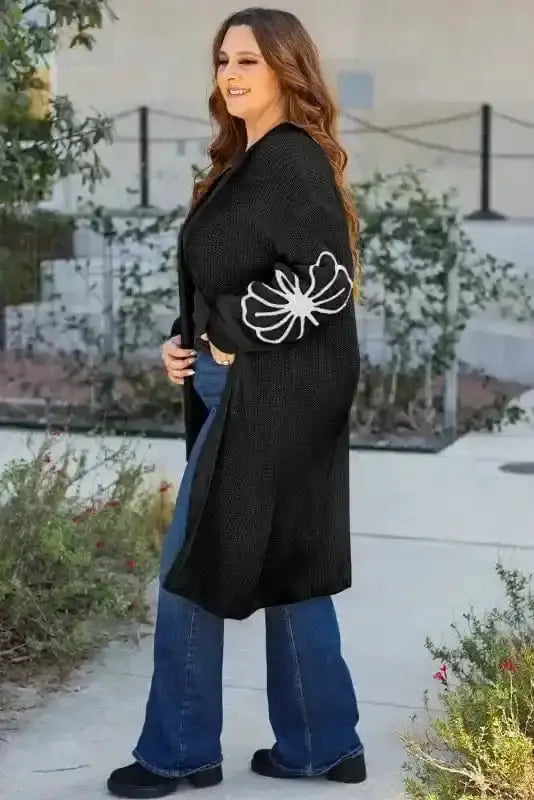 Black Flower Embroidered Duster Cardigan Women UK