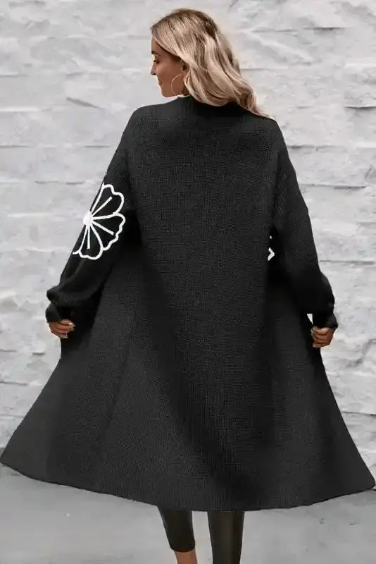 Black Flower Embroidered Duster Cardigan Women UK