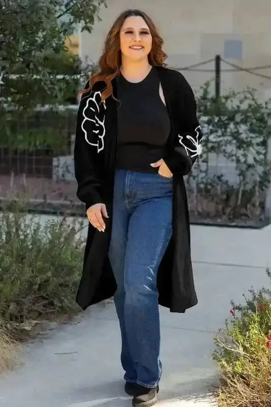 Black Flower Embroidered Duster Cardigan Women UK