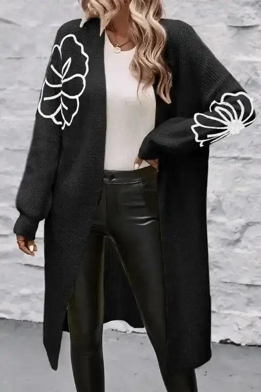 Black Flower Embroidered Duster Cardigan Women UK