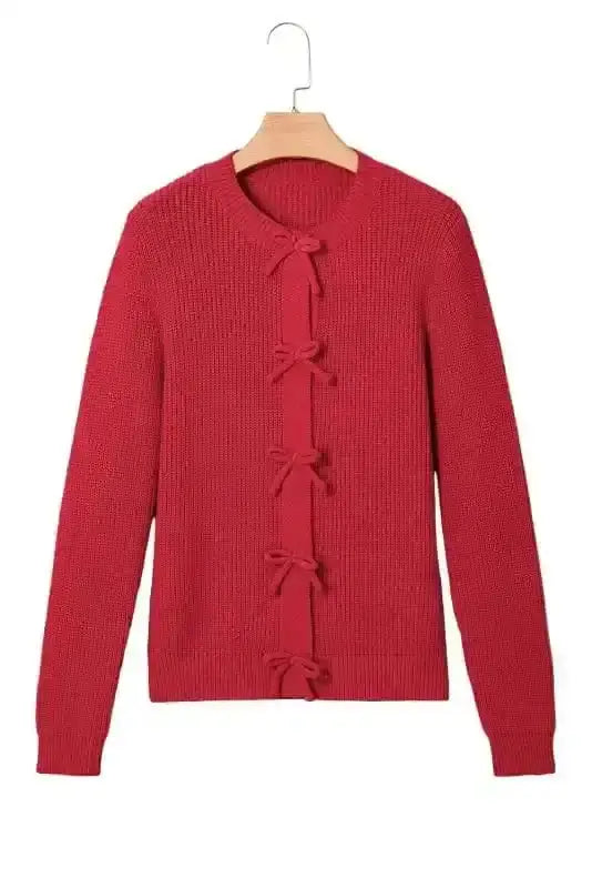 Grey Ribbed Bow Button Cardigan Women UK