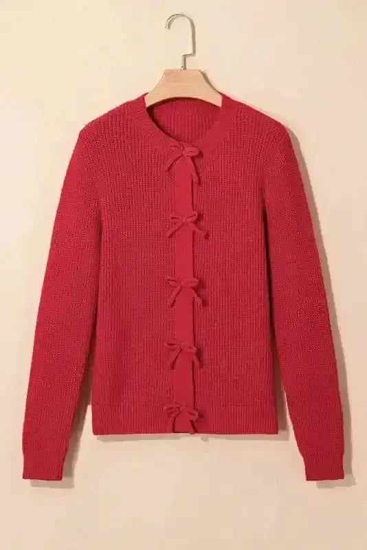 Grey Ribbed Bow Button Cardigan Women UK