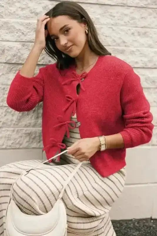 Grey Ribbed Bow Button Cardigan Women UK
