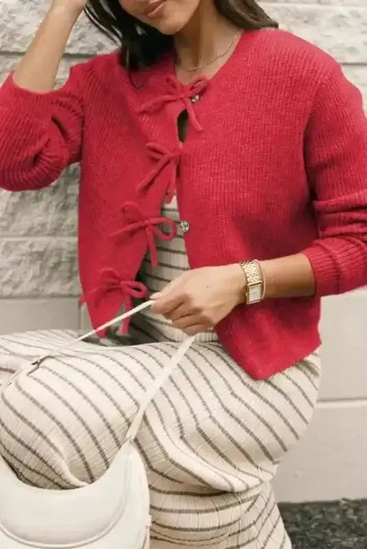 Grey Ribbed Bow Button Cardigan Women UK