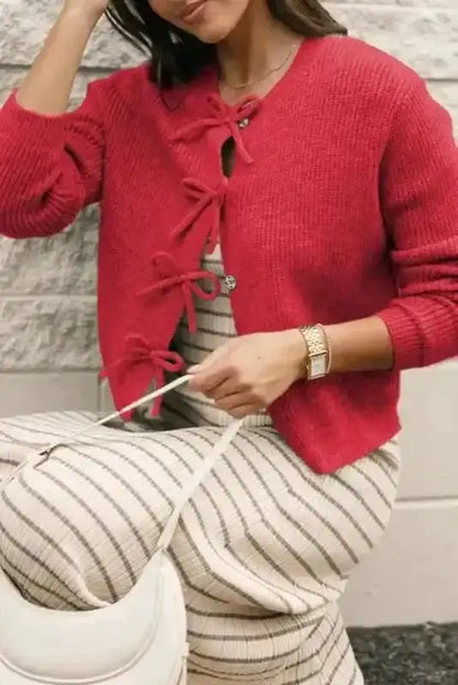 Grey Ribbed Bow Button Cardigan Women UK