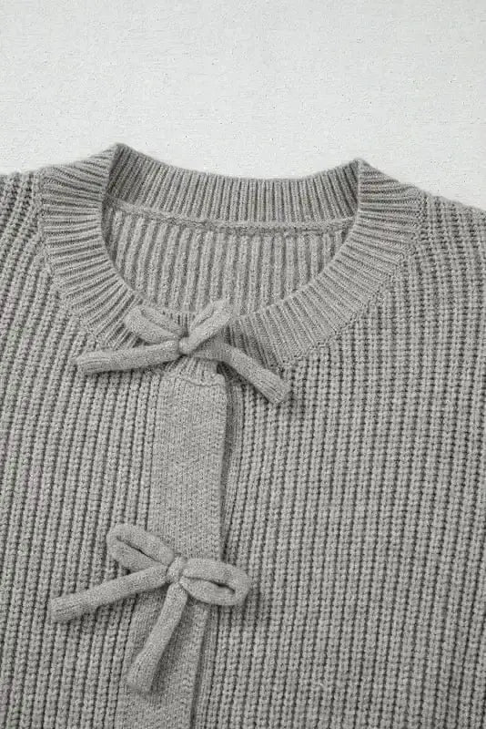 Grey Ribbed Bow Button Cardigan Women UK