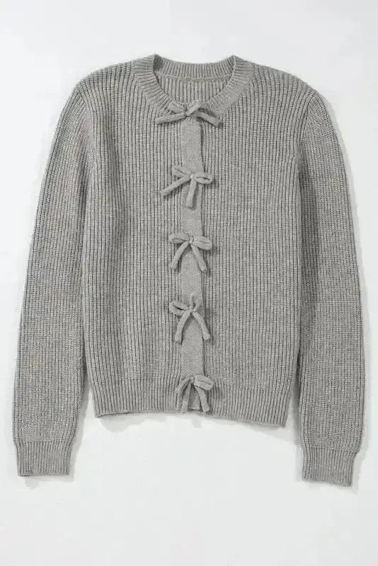 Grey Ribbed Bow Button Cardigan Women UK