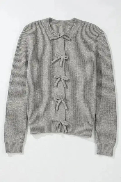 Grey Ribbed Bow Button Cardigan Women UK