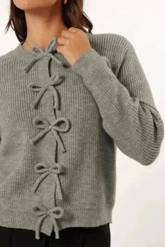 Grey Ribbed Bow Button Cardigan Women UK