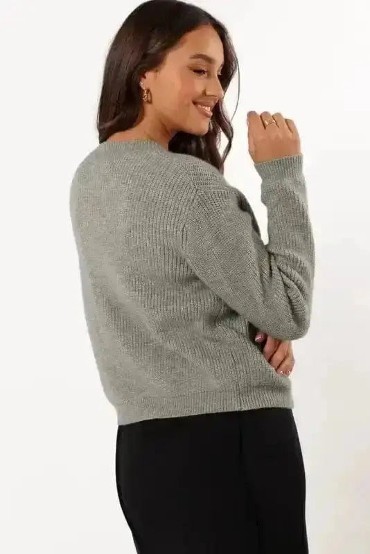 Grey Ribbed Bow Button Cardigan Women UK