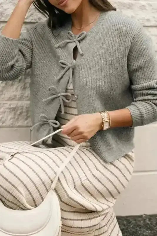Grey Ribbed Bow Button Cardigan Women UK