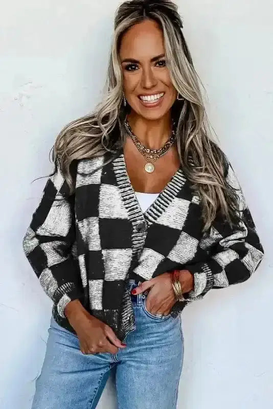 Checkered Open Front Cardigan Women UK