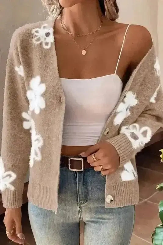 Floral Soft Knit V-Neck Cardigan Women UK