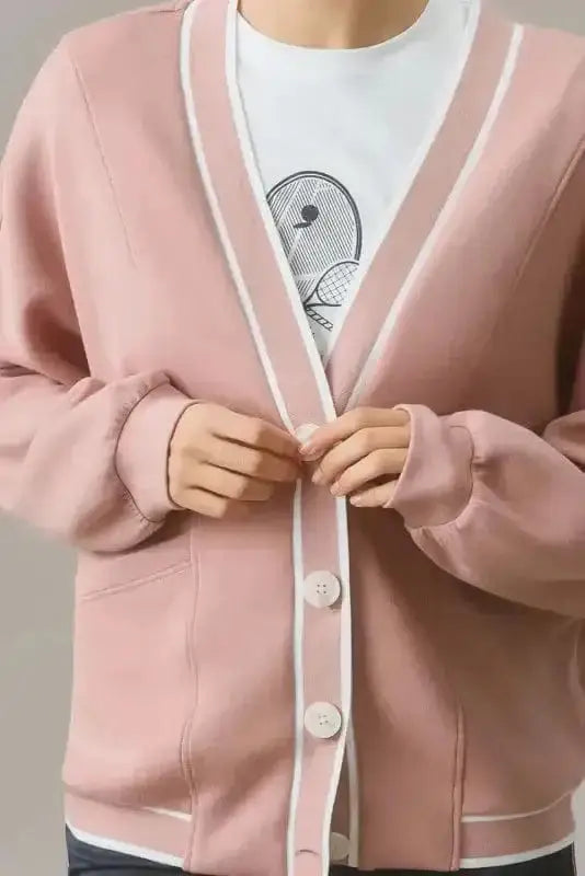 Pink Contrast Trim Button Cardigan Women UK