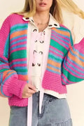 Rose Stripe Puff Sleeve Knit Cardigan Women UK