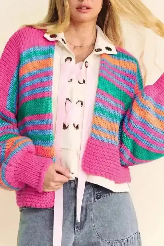 Rose Stripe Puff Sleeve Knit Cardigan Women UK