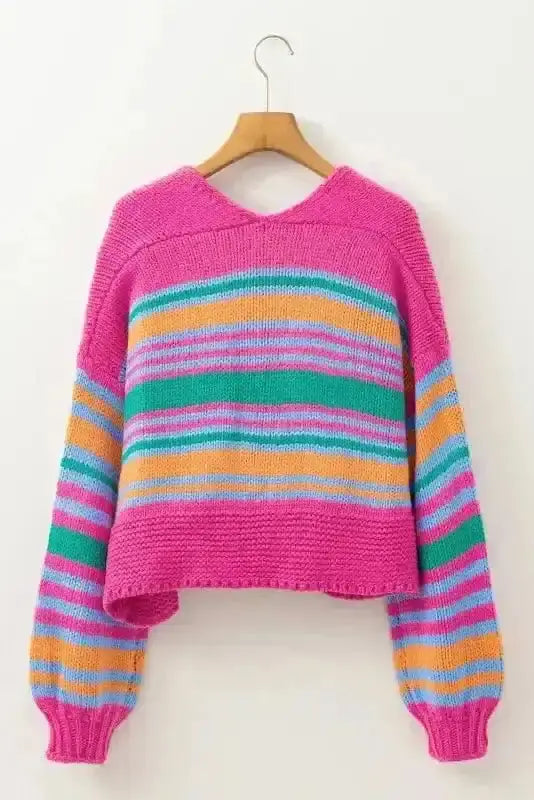 Rose Stripe Puff Sleeve Knit Cardigan Women UK