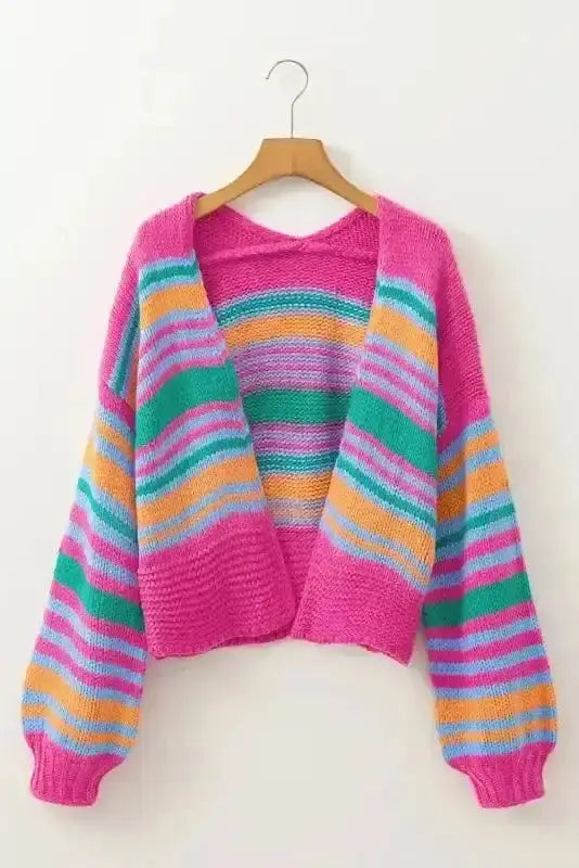 Rose Stripe Puff Sleeve Knit Cardigan Women UK