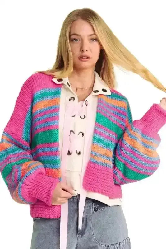 Rose Stripe Puff Sleeve Knit Cardigan Women UK