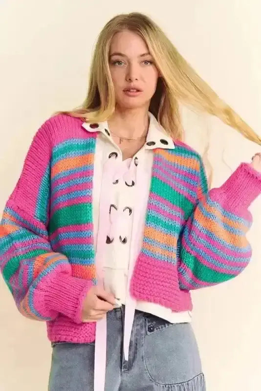Rose Stripe Puff Sleeve Knit Cardigan Women UK