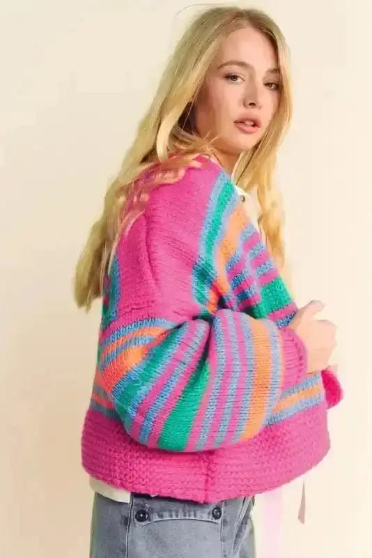 Rose Stripe Puff Sleeve Knit Cardigan Women UK