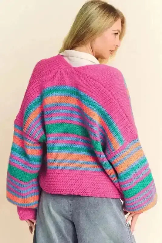 Rose Stripe Puff Sleeve Knit Cardigan Women UK