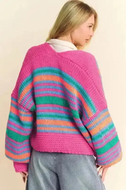 Rose Stripe Puff Sleeve Knit Cardigan Women UK