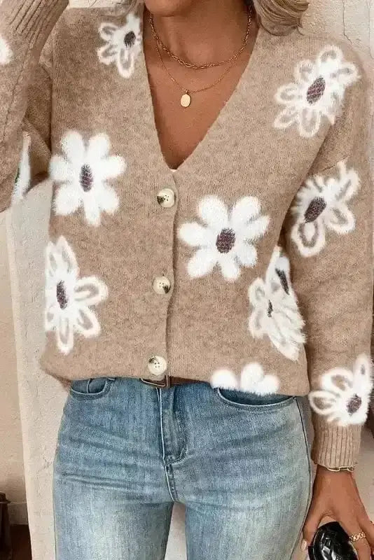 Floral Soft Knit V-Neck Cardigan Women UK