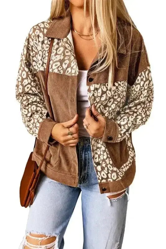 Brown Leopard Print Corduroy Jacket Women UK